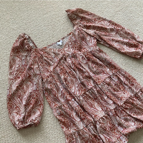 Gianni Bini Smocked Puff Sleeve Dress Square Neck Paisley Brown Size Large VEUC - Picture 2 of 12